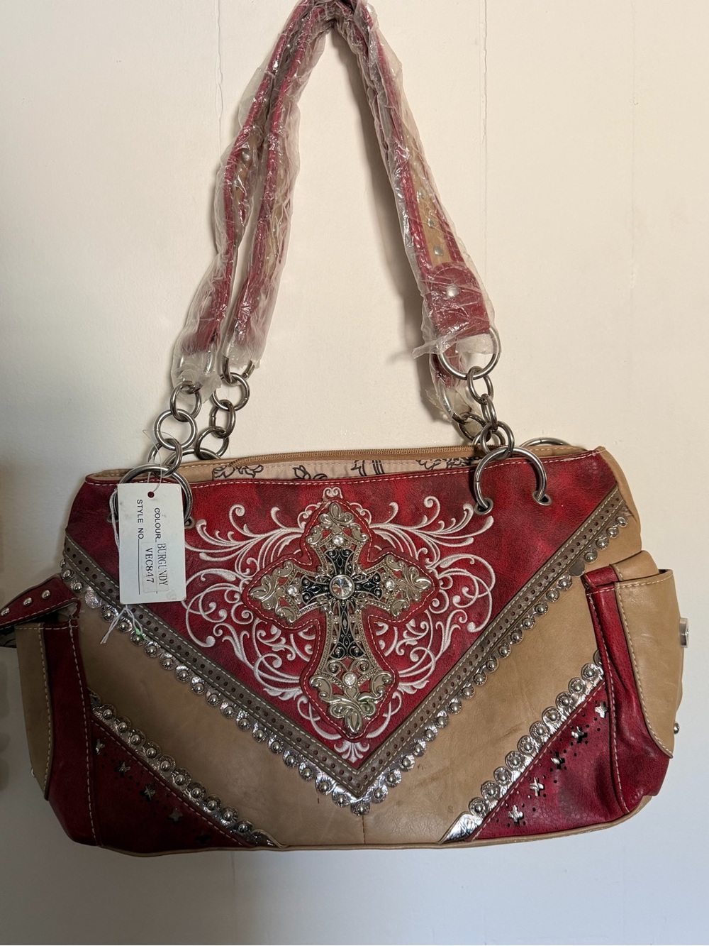 Burgundy and tan Western Handbag Silver Cross Rhinestones Faux Leather 15” x 10”